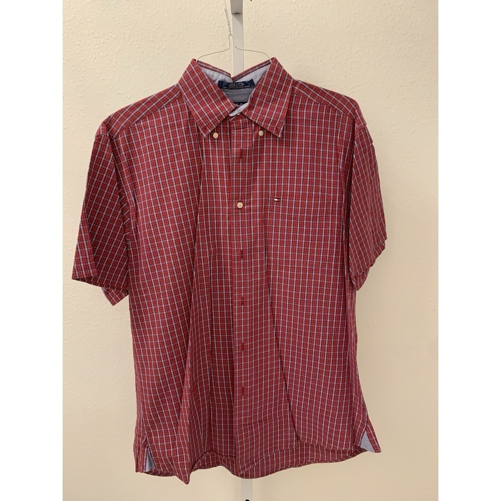 Tommy Hilfiger Shirt Mens Large Red Short Sleeve Button Up Plaid Casual
